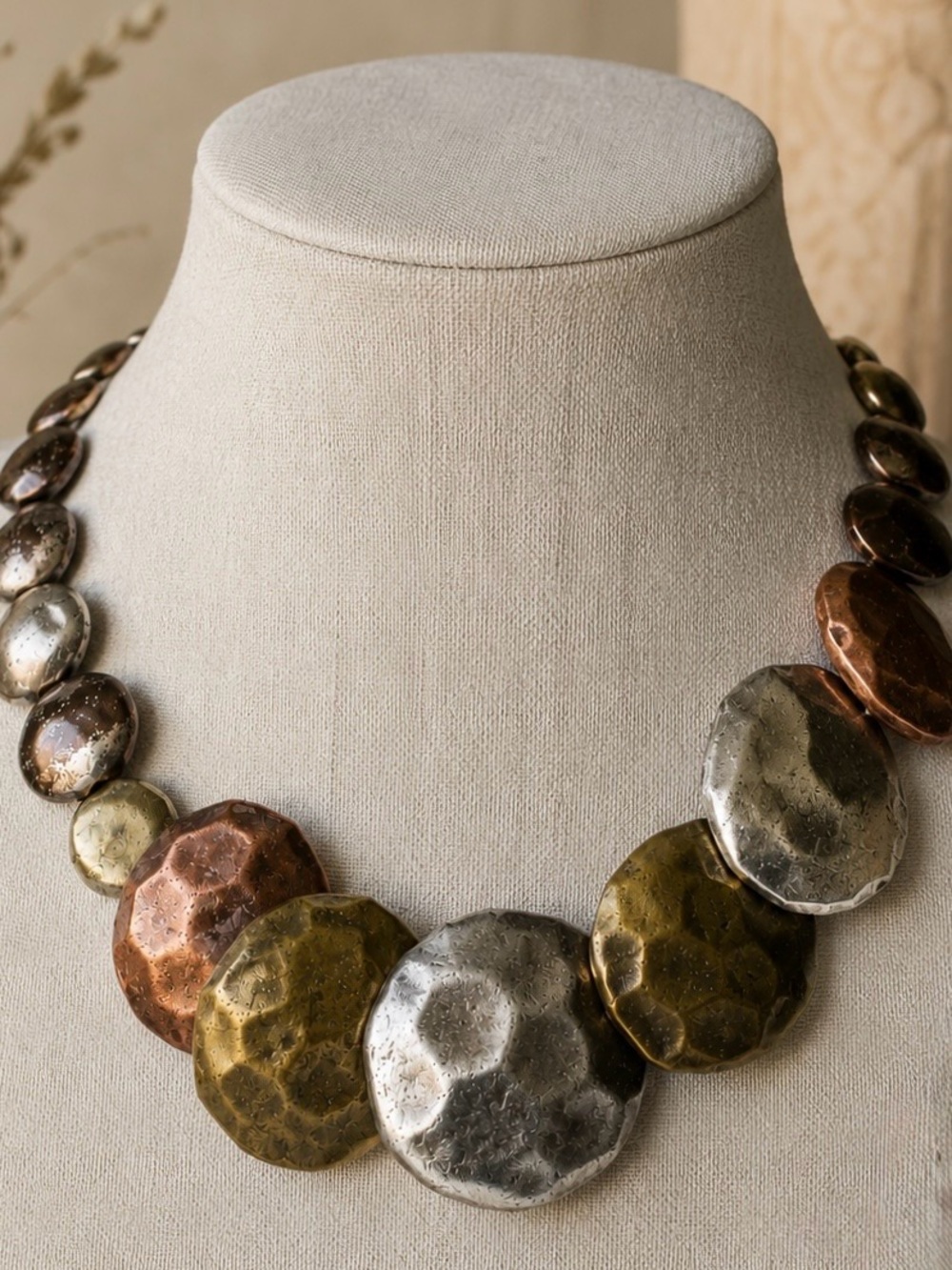 Boho Hammered Mixed Metal Disc Necklace Copper Silver Bronze Statement Necklace